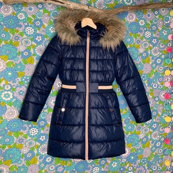 Michael Kors Navy Faux FurLong Hooded Puffer JacketSize: 10/12
